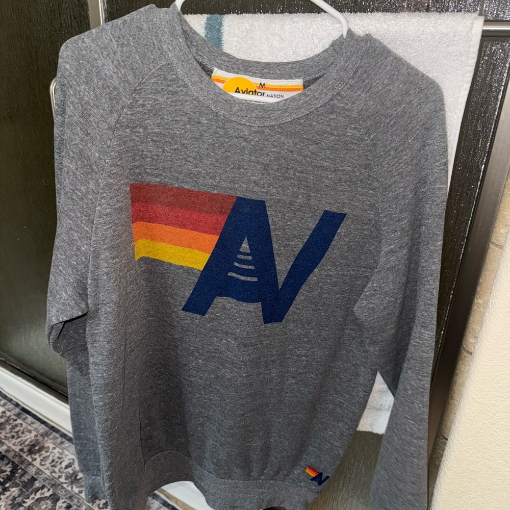 Aviator Nation Gray Crewneck with Rainbow Logo